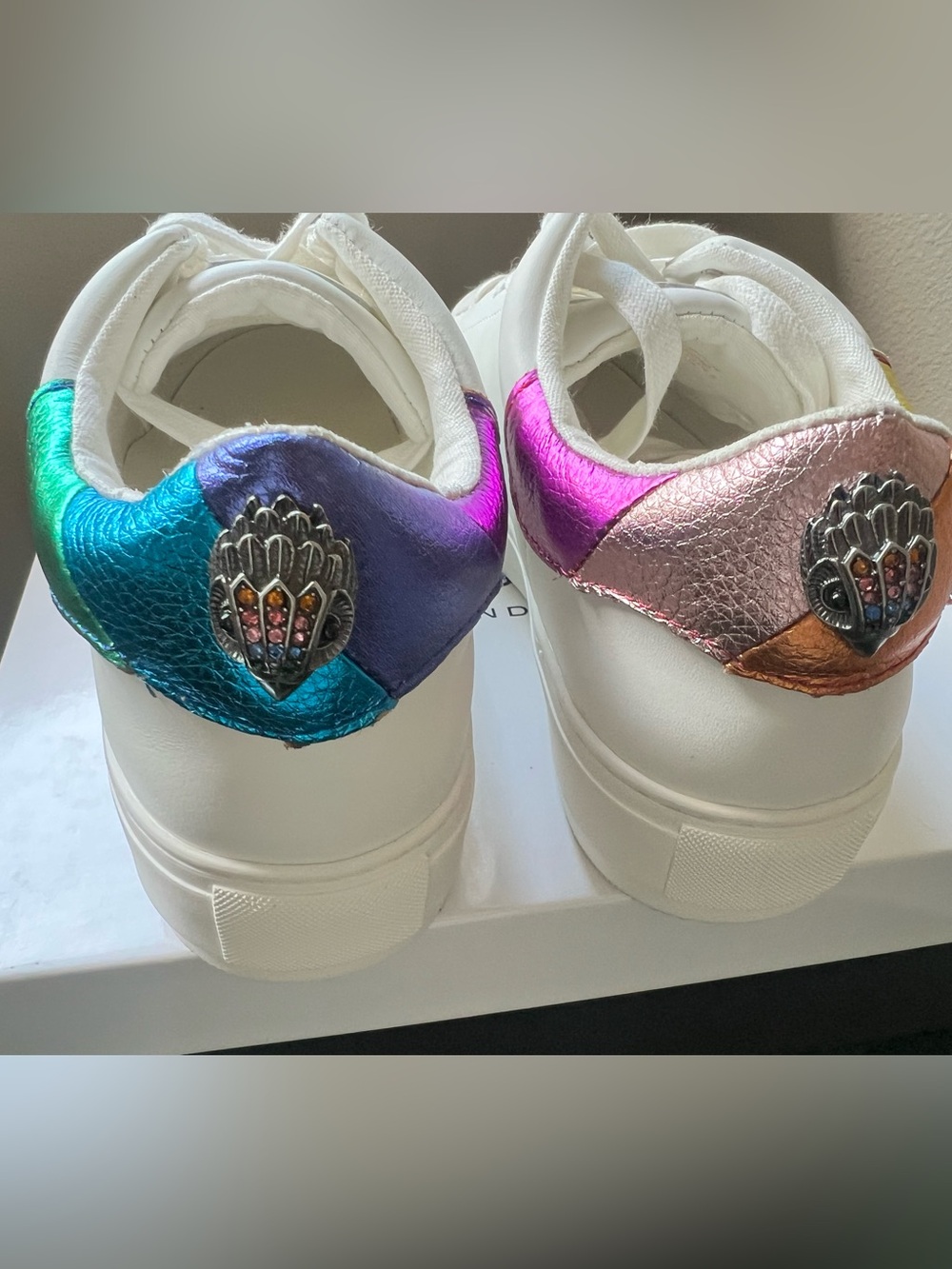 Kurt Geiger White Platform Sneakers with Iridescent Rainbow Heel Accents NEW